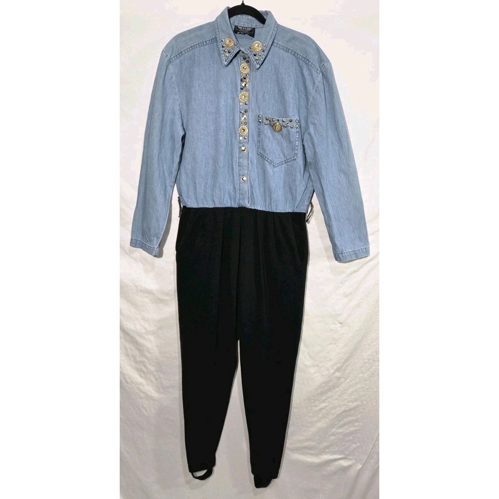 80s PG Collections Denim Stirrup Embellished Jumpsuit Batwing One Piece Sz MD/LG